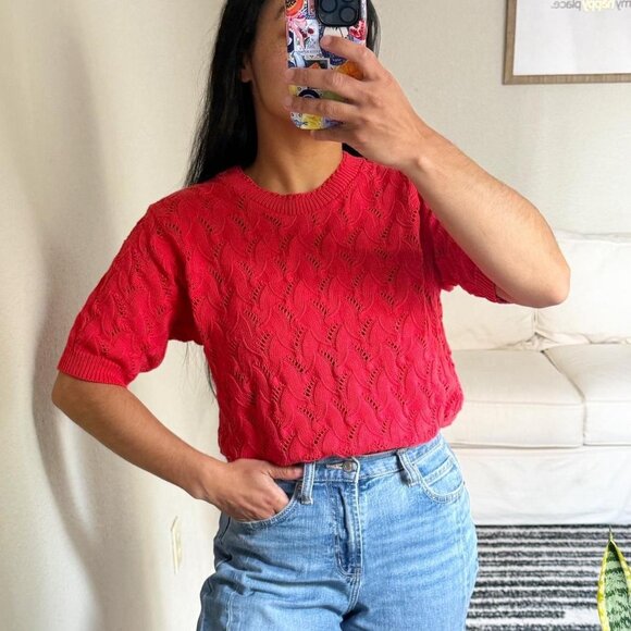 Vintage Red Short Sleeve Knit Sweater - Picture 1 of 8